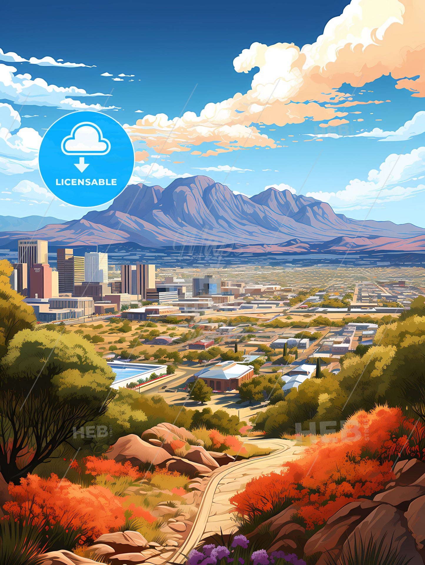 A Landscape Of A City With Trees And Mountains
