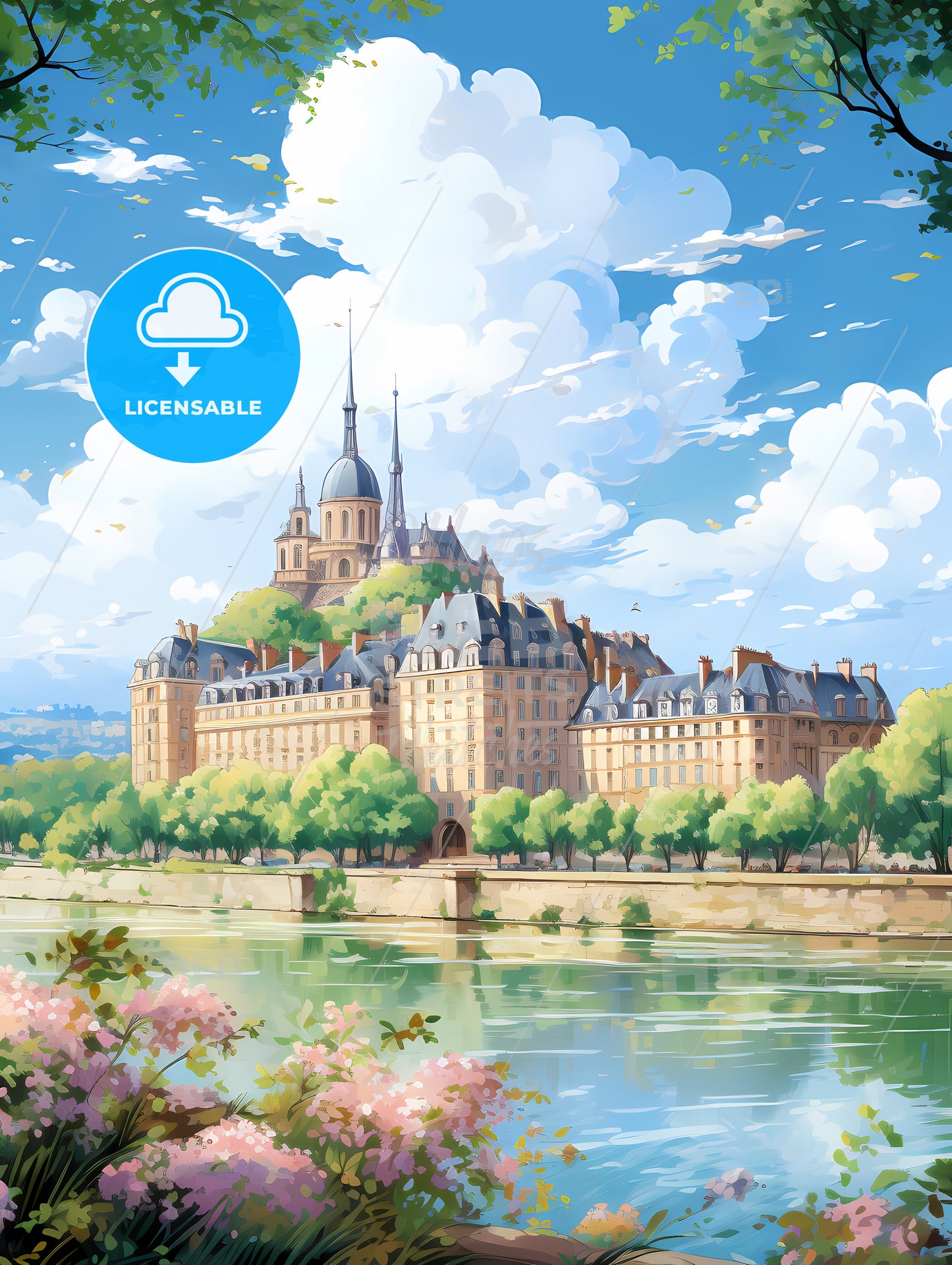 A Castle With A Large Building And Trees By A River