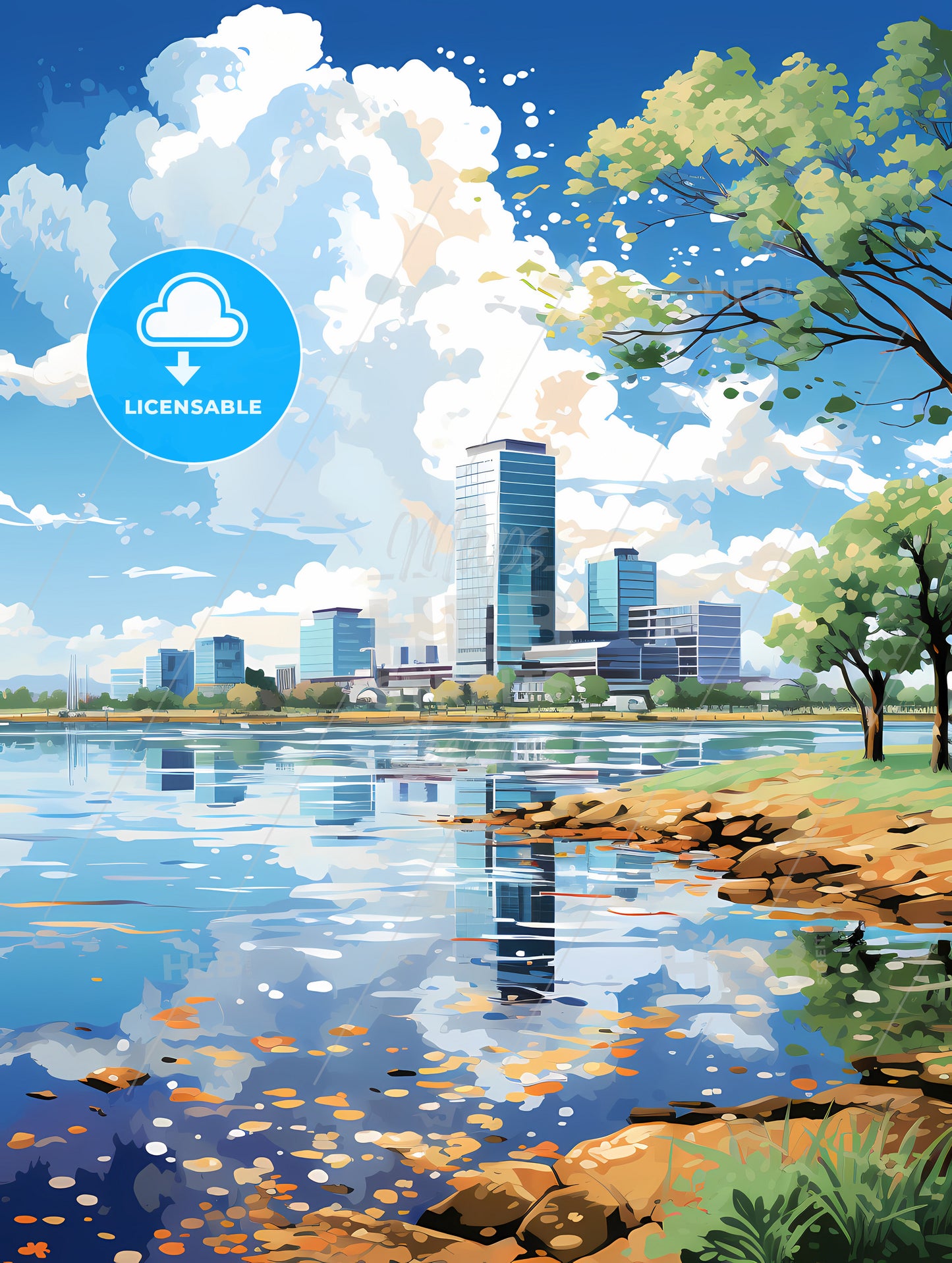 A Water Body With Trees And A City In The Background