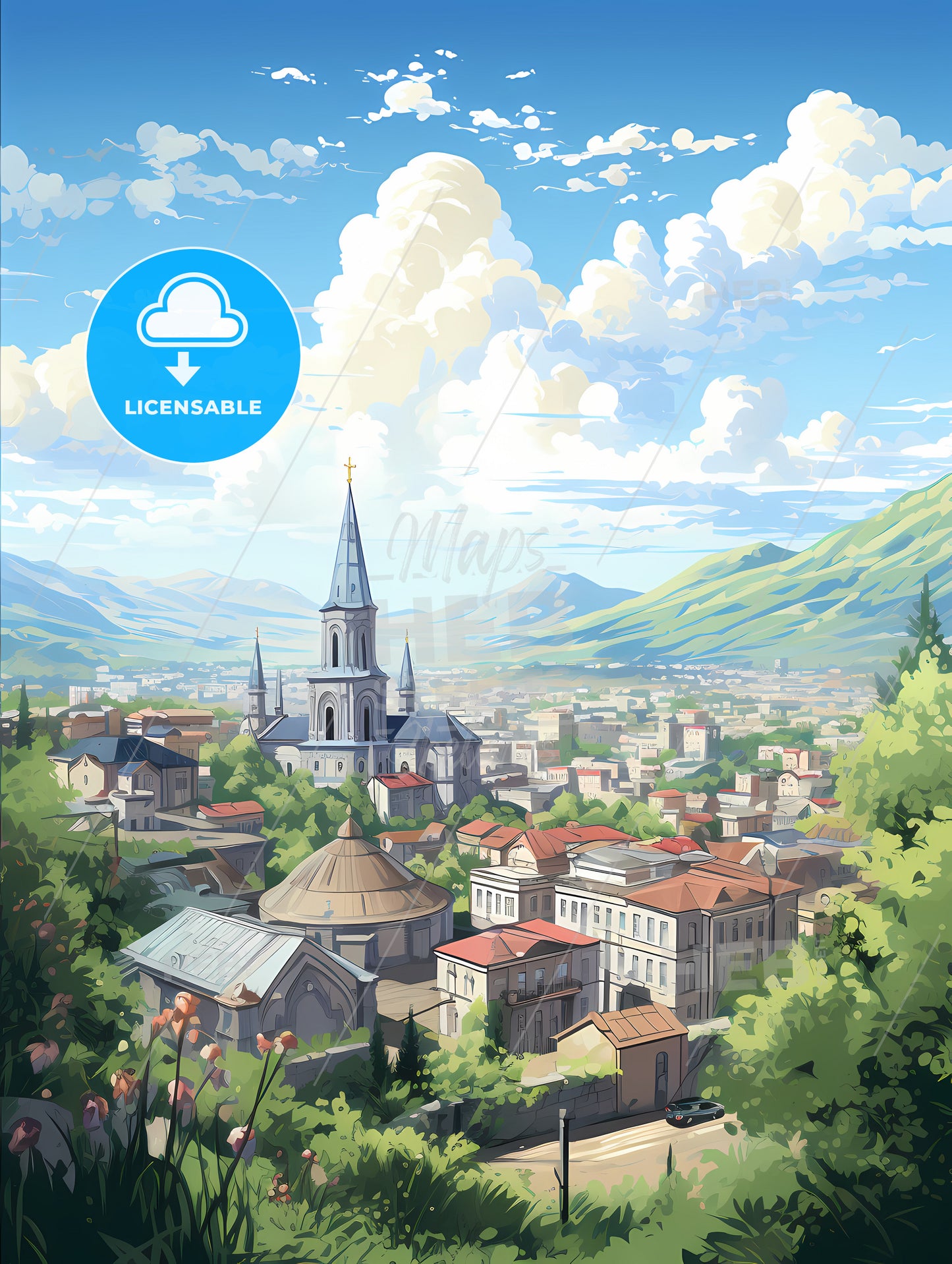 A City With A Steeple And Trees