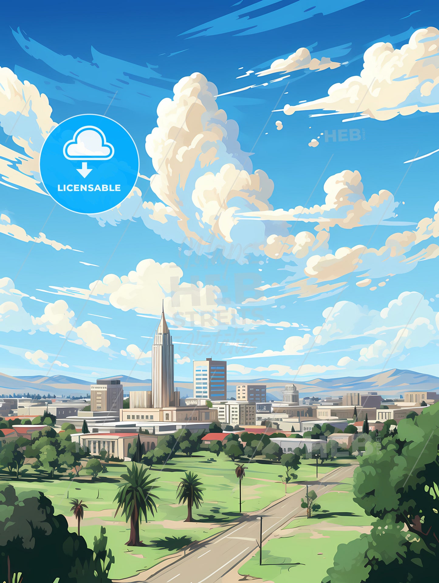 A Landscape Of A City With Trees And Buildings