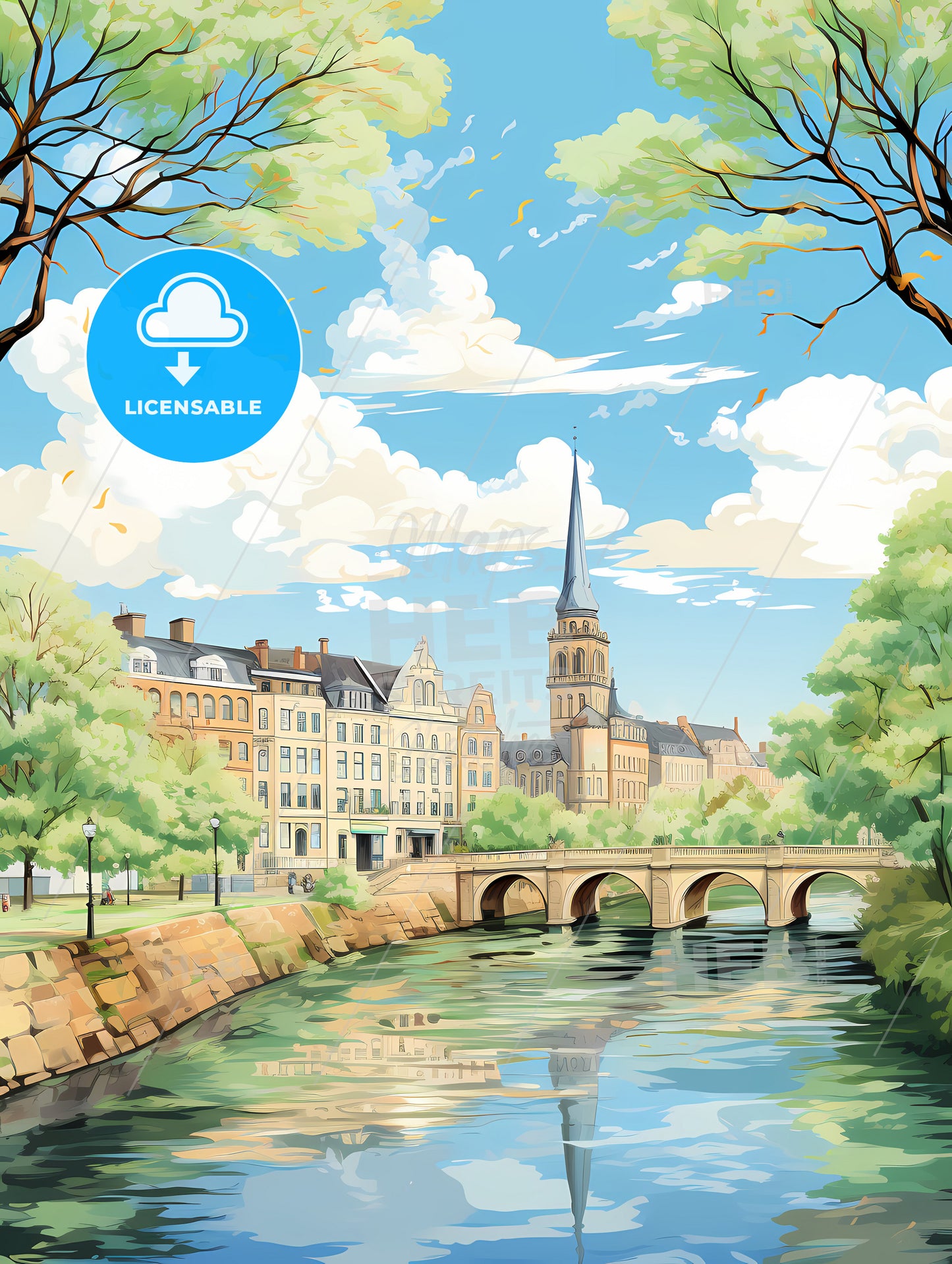 A Bridge Over A River With Trees And Buildings