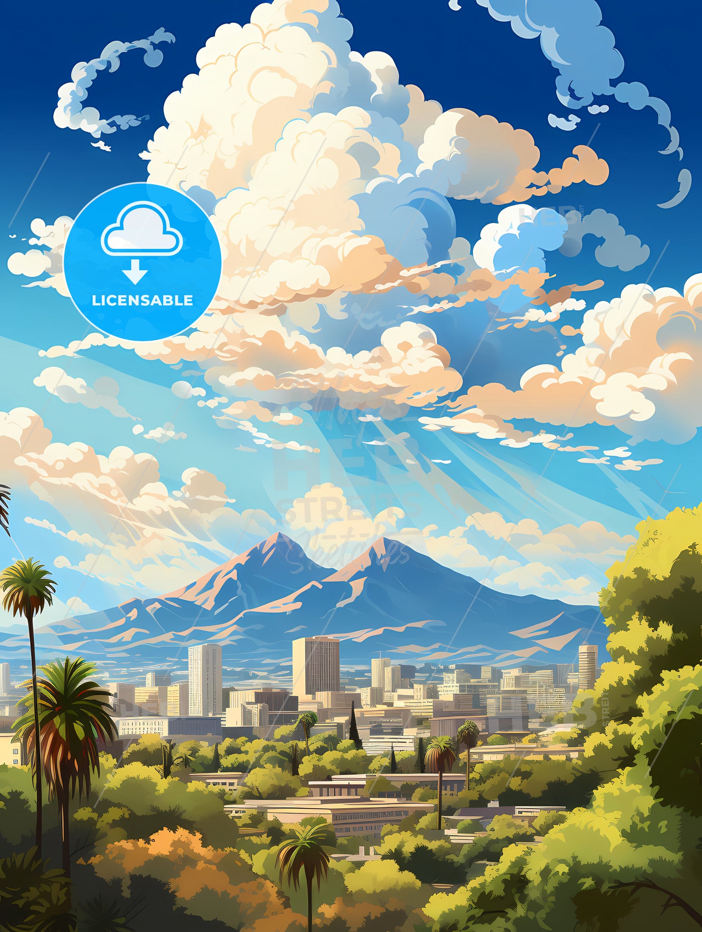 A Landscape Of A City With Trees And Mountains In The Background