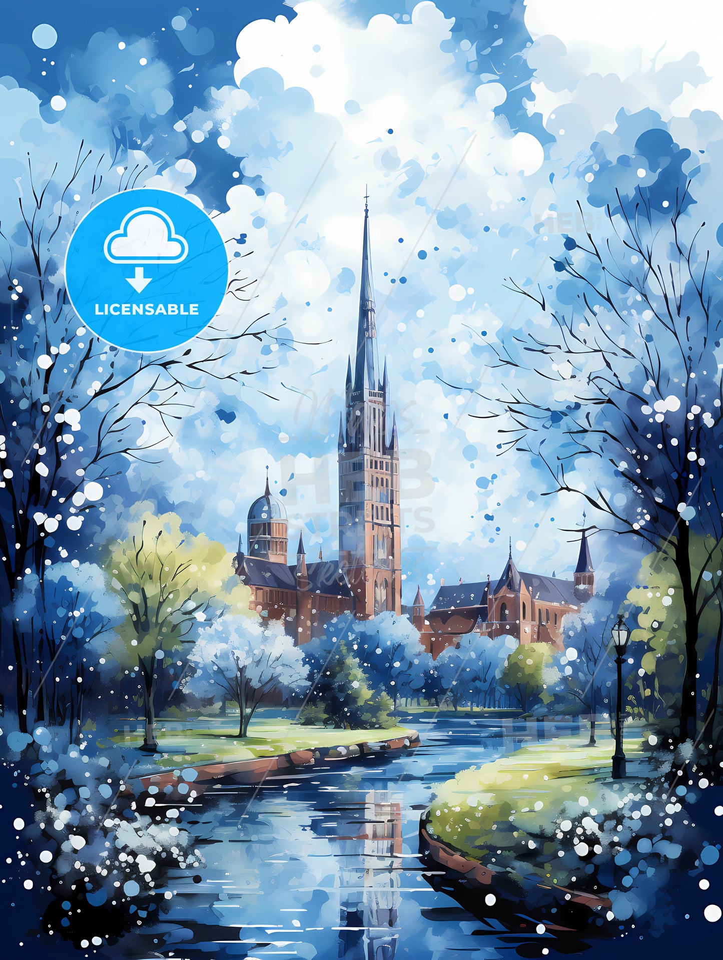 A Painting Of A Castle And A River