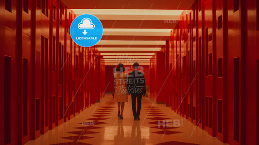 A Man And Woman Walking In A Red Hallway With Fushimi Inari-Taisha In The Background