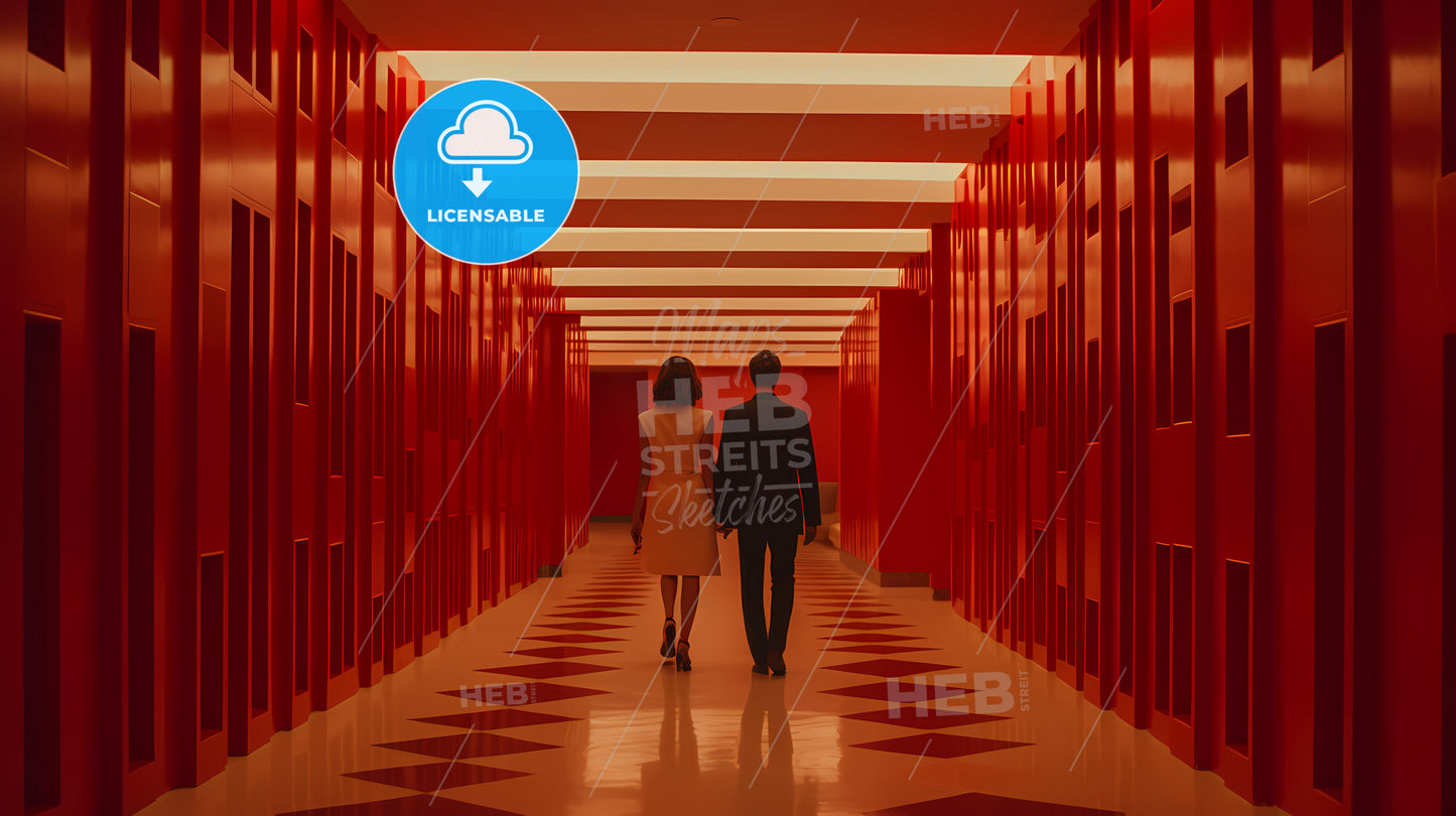 A Man And Woman Walking In A Red Hallway With Fushimi Inari-Taisha In The Background