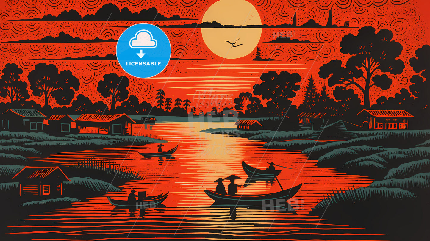 A Painting Of A River With Boats And A Sunset