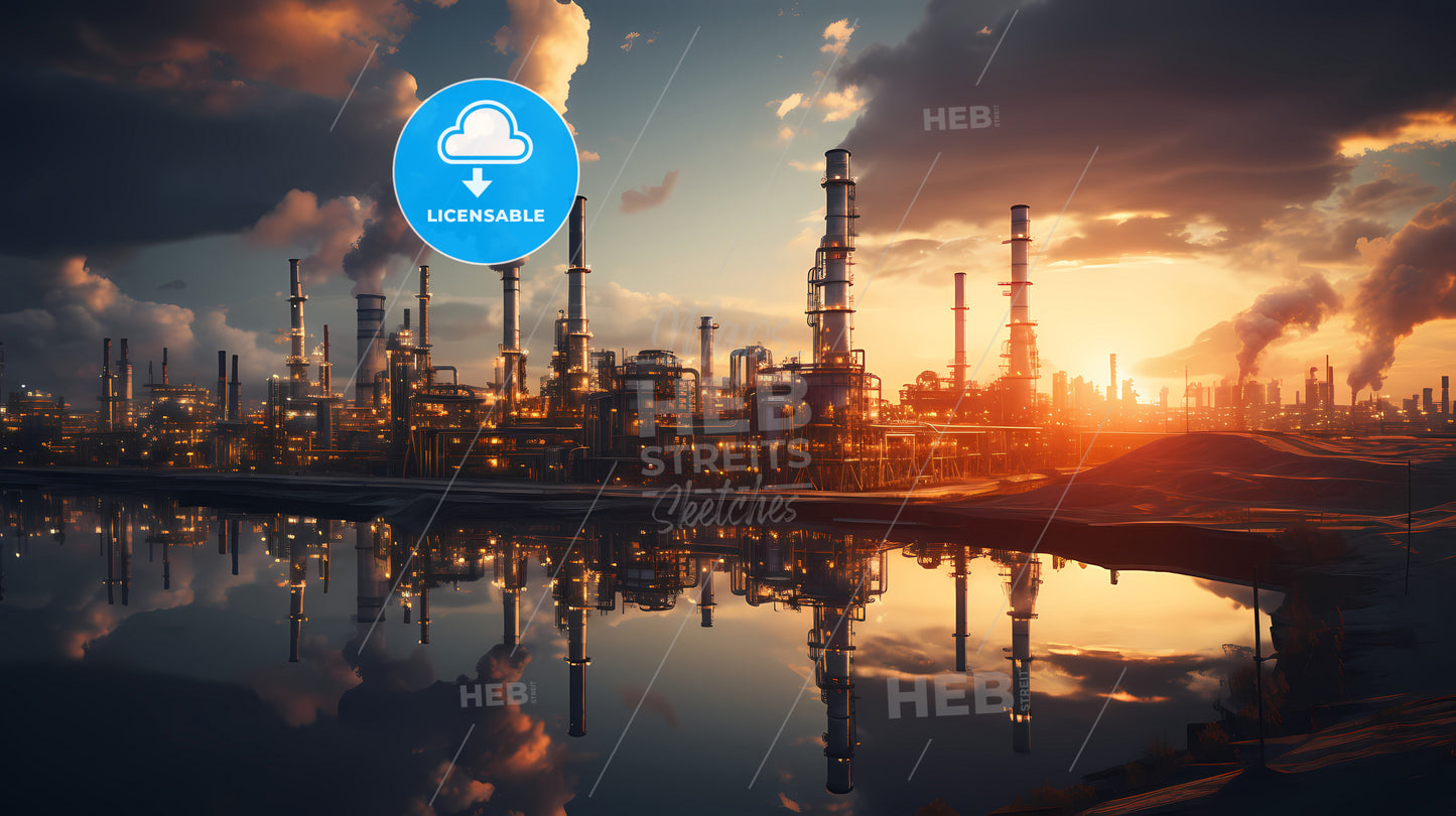 A Factory With Smoke Stacks And A Body Of Water