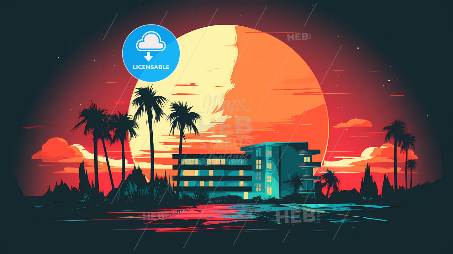 A Building With Palm Trees And A Large Moon