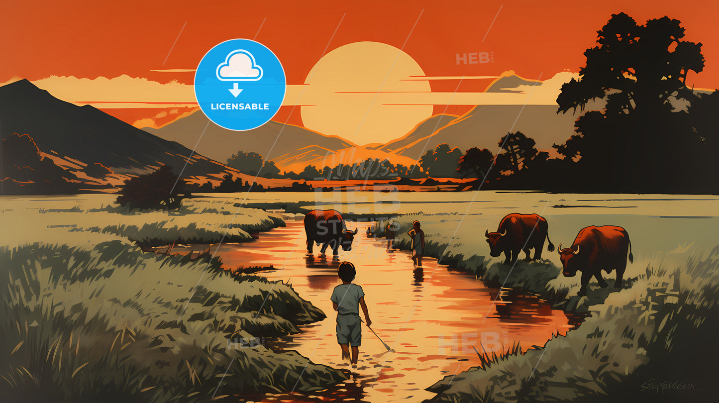 A Group Of People Standing In A River With Cows In The Background