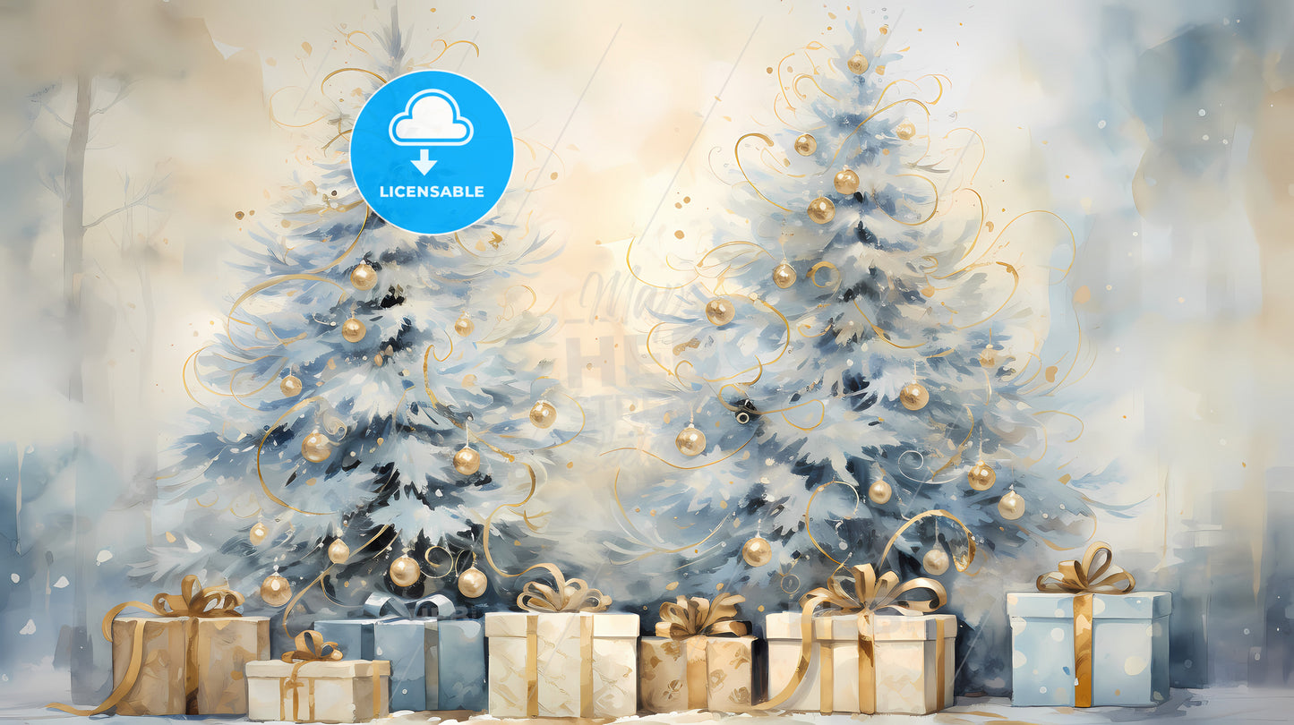 A Group Of Presents And Trees