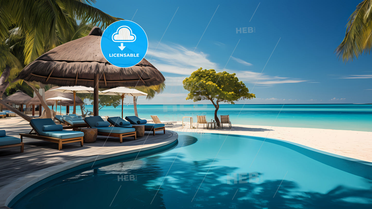 A Pool With Lounge Chairs And Umbrellas On A Beach