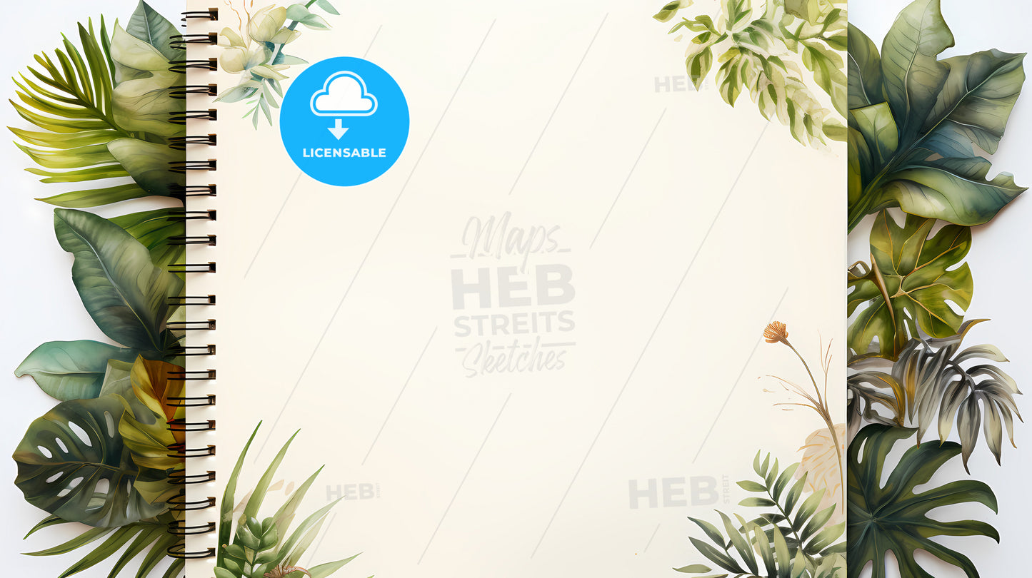 A White Background With Green Leaves And Flowers