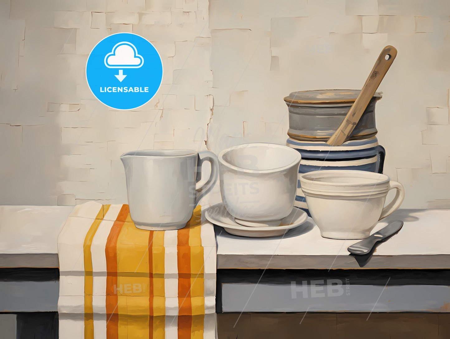 A Painting Of A Kitchen Utensil And Cups