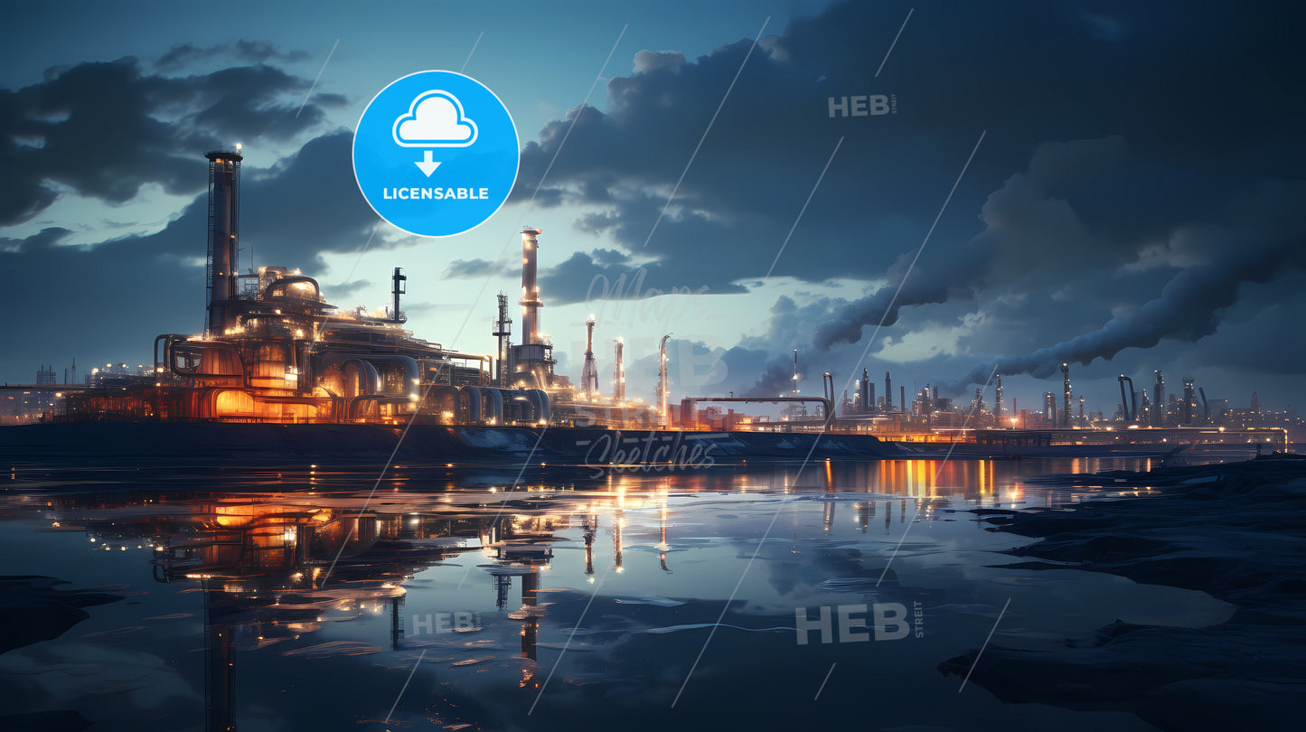 A Factory With Lights And Smoke Coming Out Of The Water