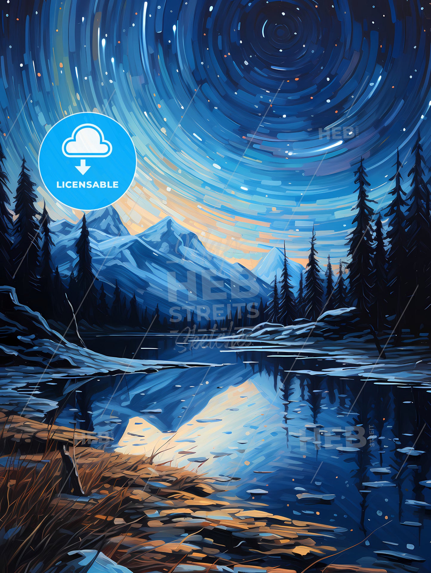 A Painting Of A Lake Surrounded By Trees And Mountains