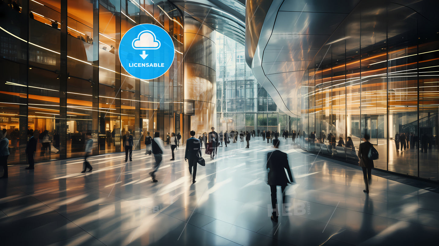 A Group Of People Walking In A Large Glass Hallway