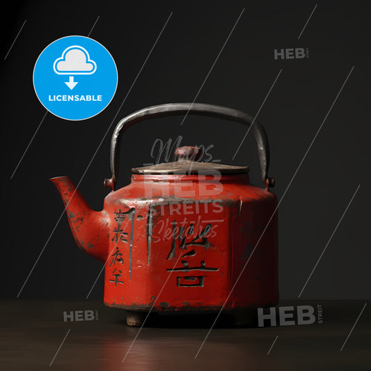 A Red Tea Kettle On A Table