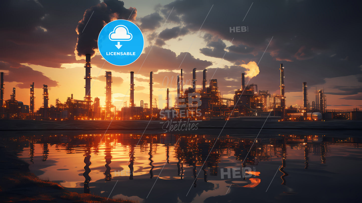 A Factory With Smokestacks And A Body Of Water