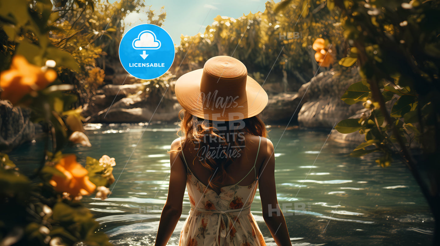 A Woman Wearing A Hat And Dress Standing In A Pond