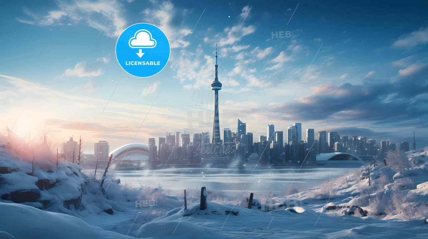 A City Skyline With Snow And A Body Of Water