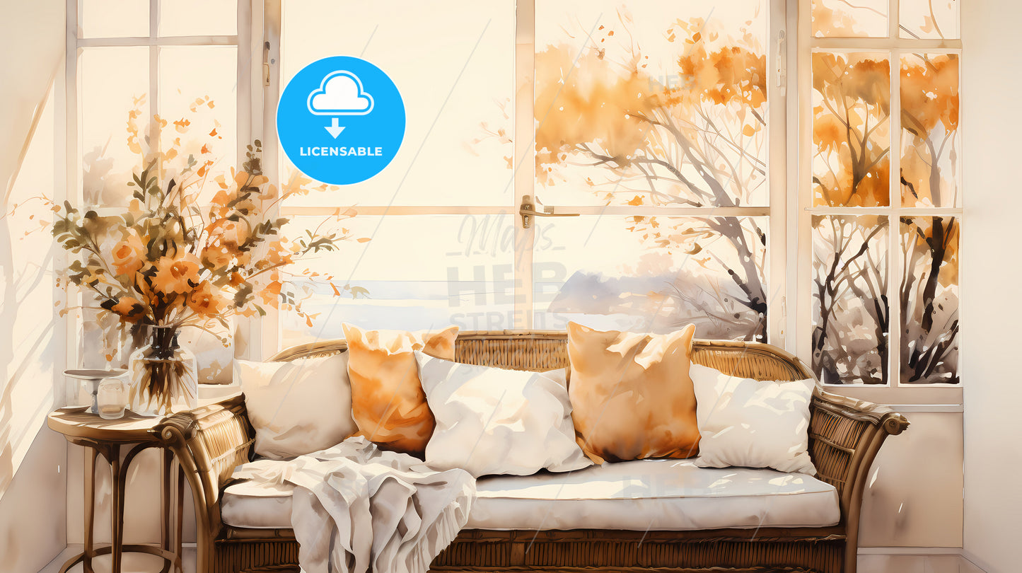 A Couch With Pillows And Blanket In Front Of A Window