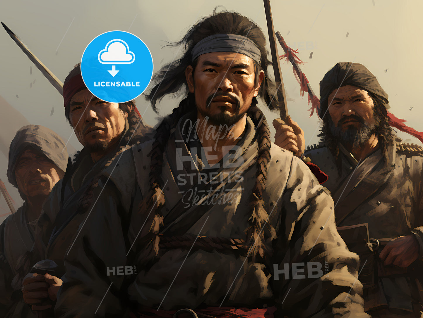 A Group Of Men With Long Hair And Braids Holding Spears