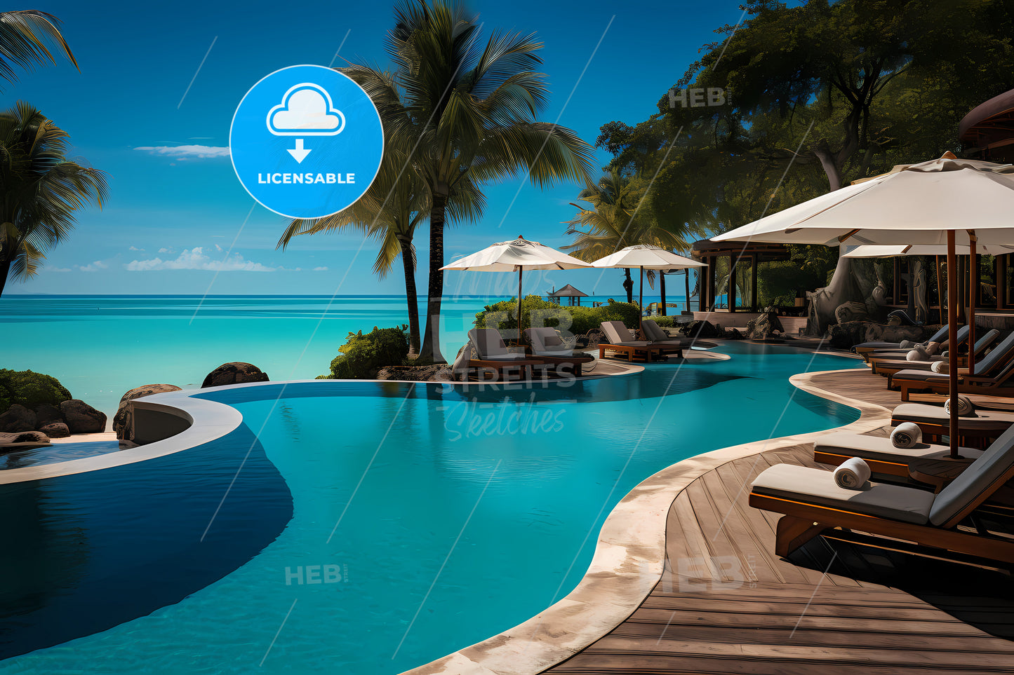 A Pool With Umbrellas And Chairs By The Ocean