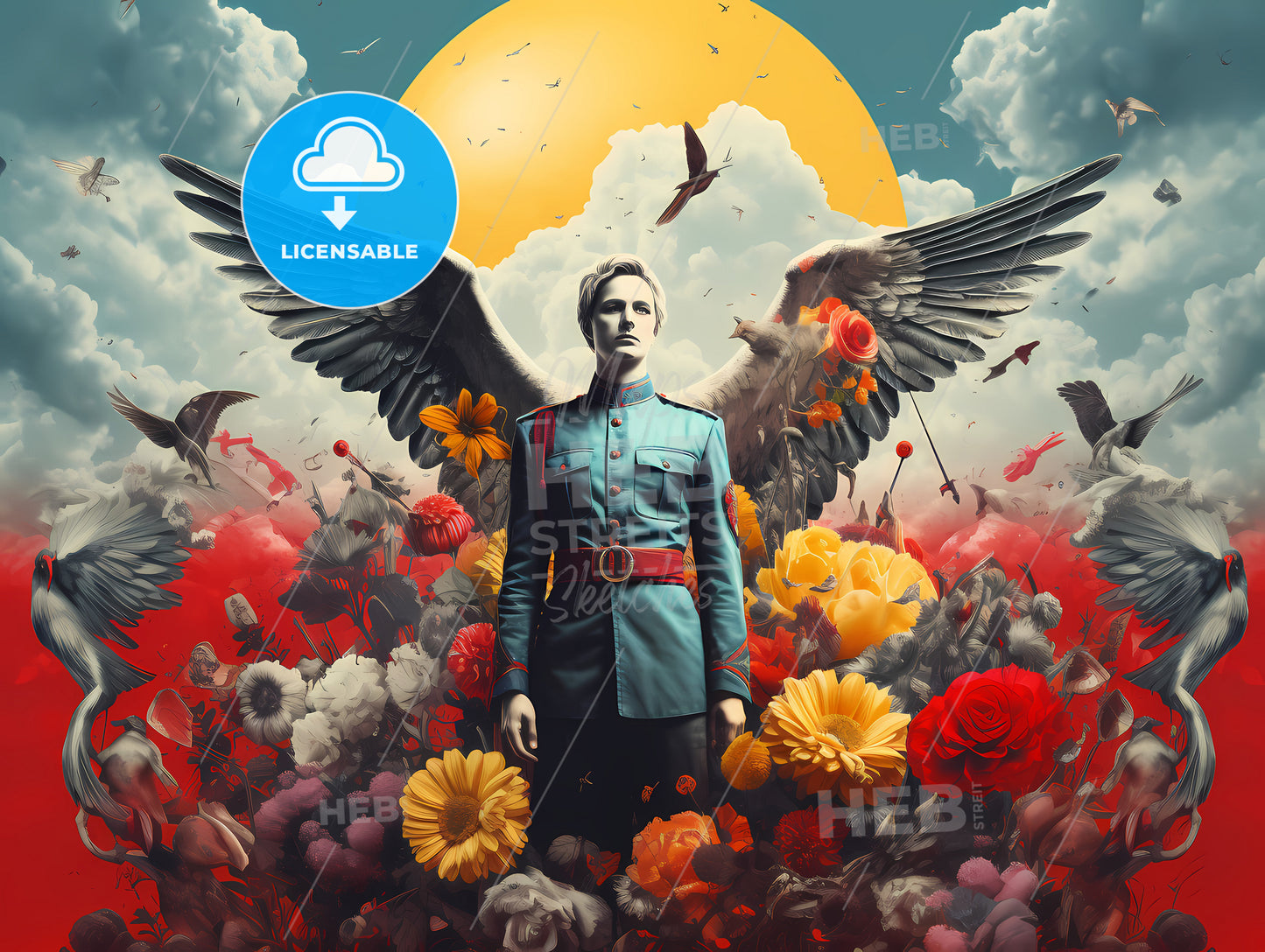 A Man In A Uniform Surrounded By Flowers And Birds