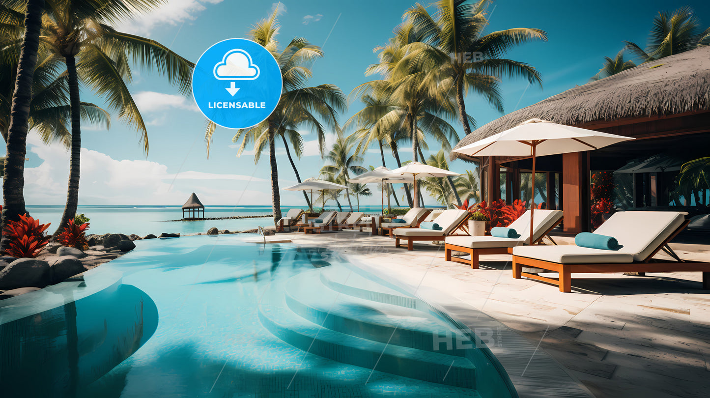 A Pool With Lounge Chairs And Umbrellas By The Water