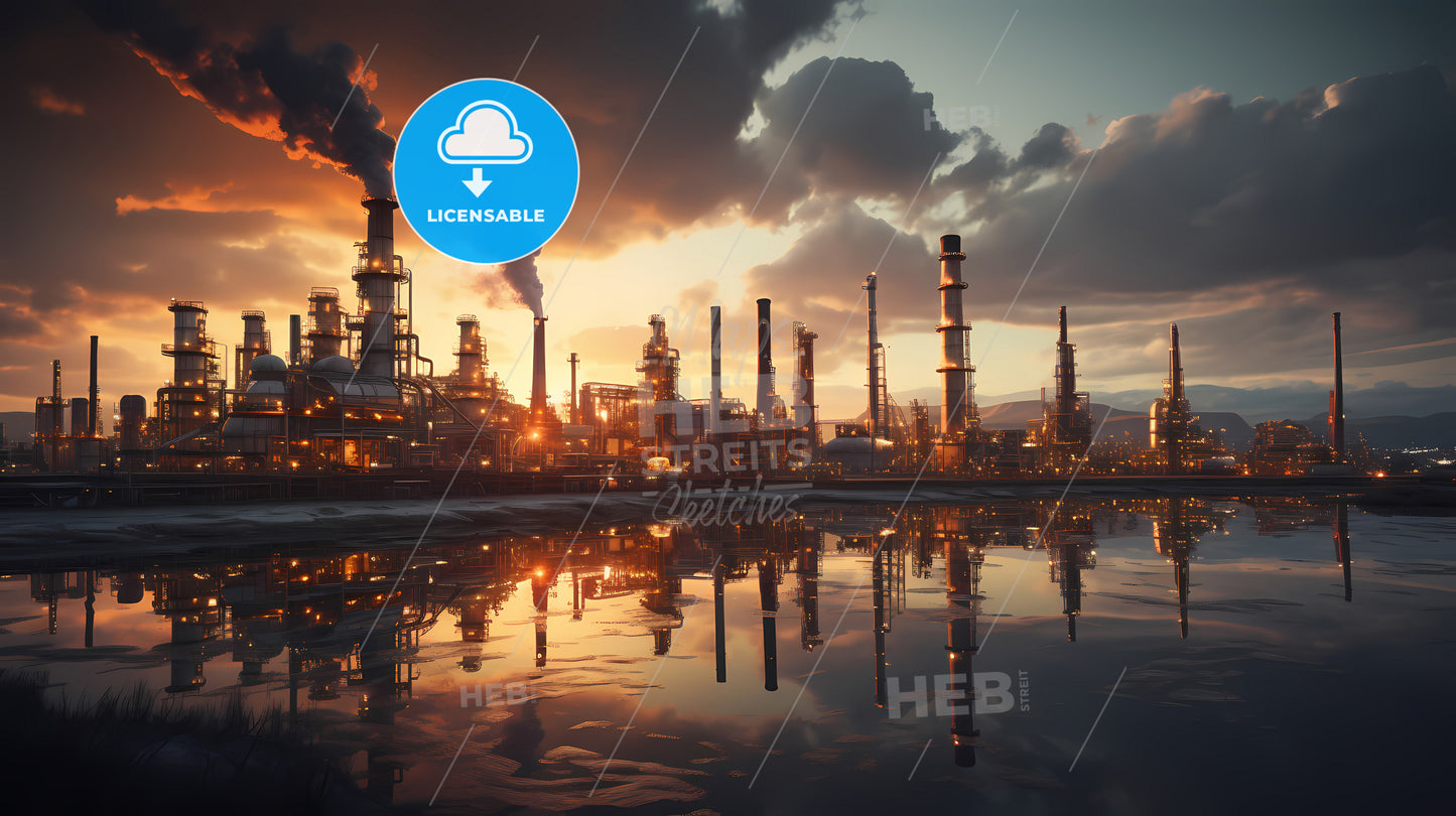 A Factory With Smokestacks And A Body Of Water