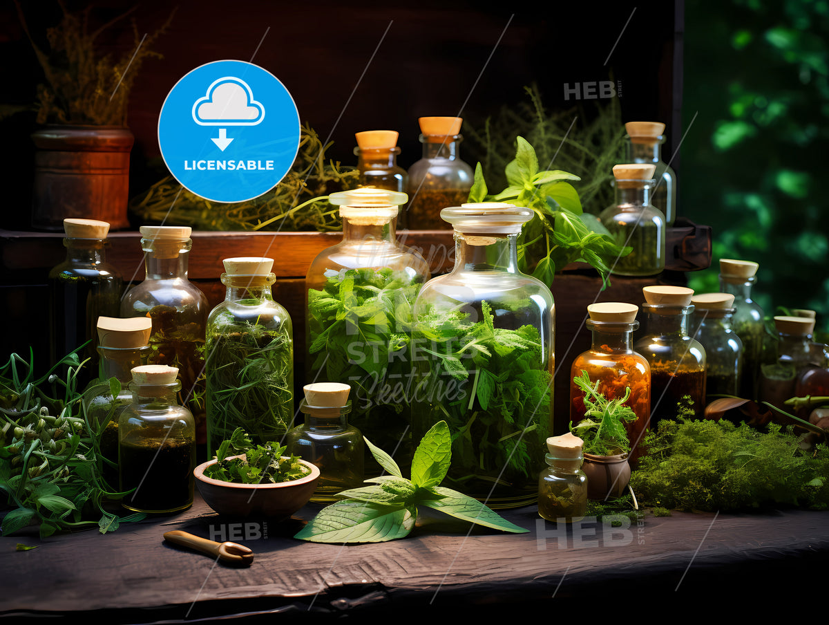 A Group Of Glass Bottles With Plants In Them