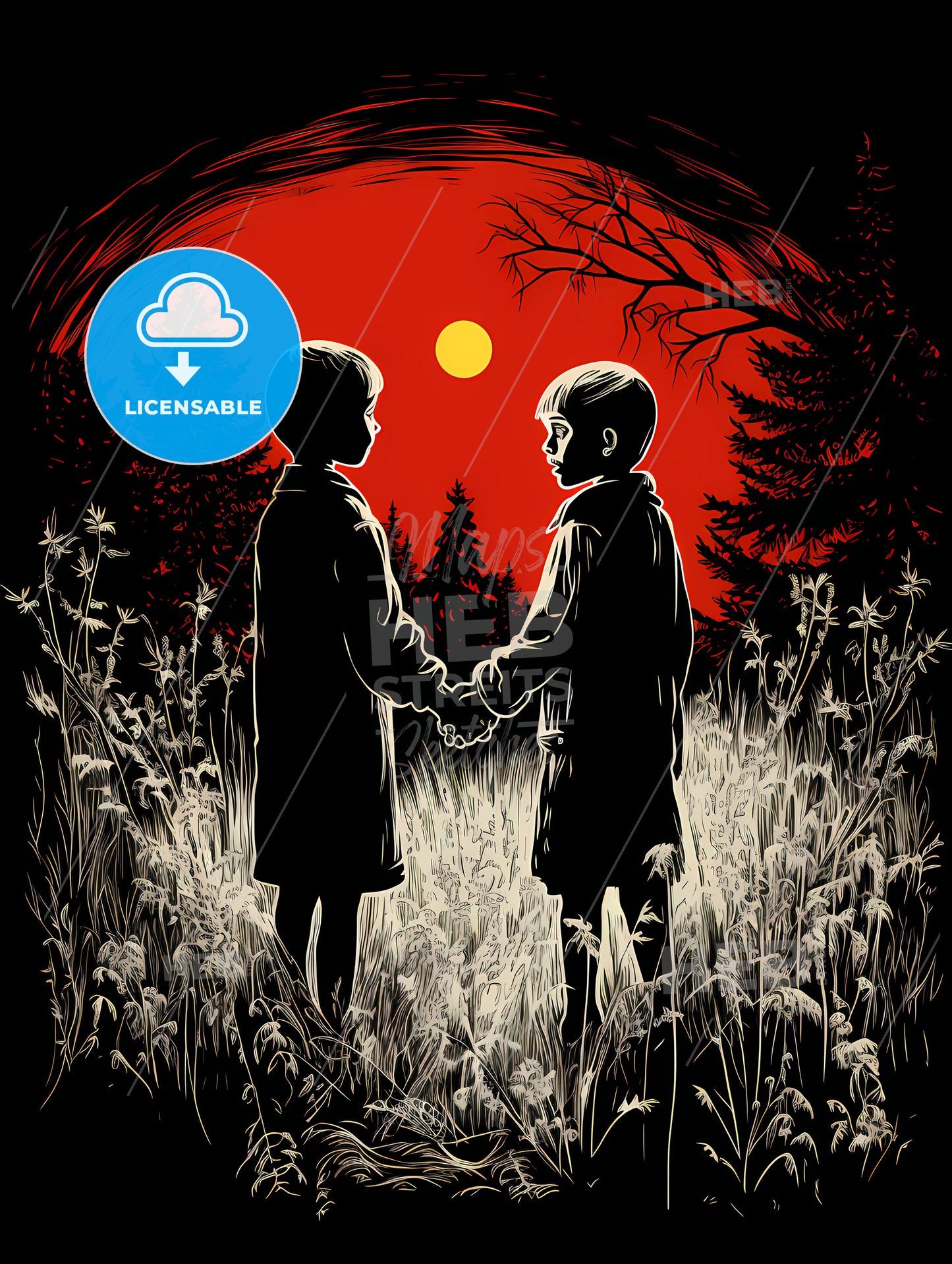 A Drawing Of Two Boys Holding Hands In A Field Of Tall Grass And Trees