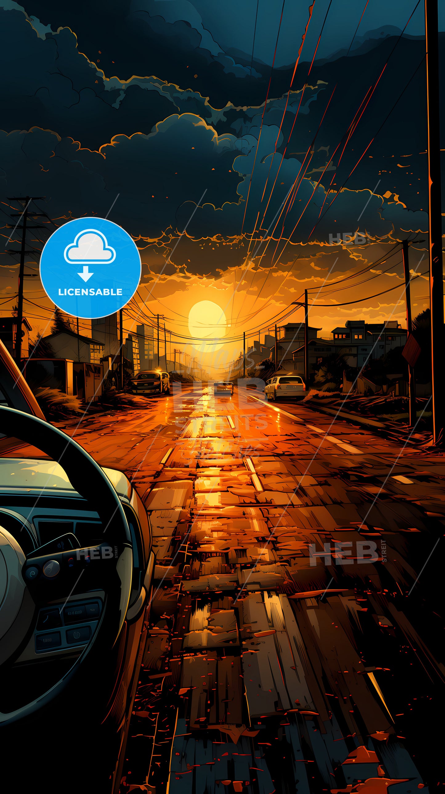 A Car Driving On A Wet Road With A Sunset