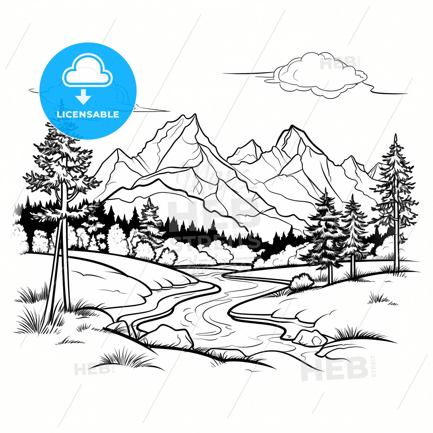 A Drawing Of A River Running Through A Mountain Range
