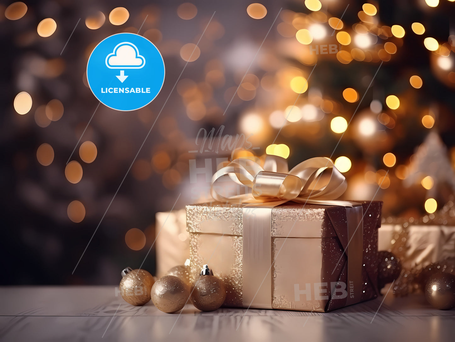 A Gift Box With A Bow And Ornaments