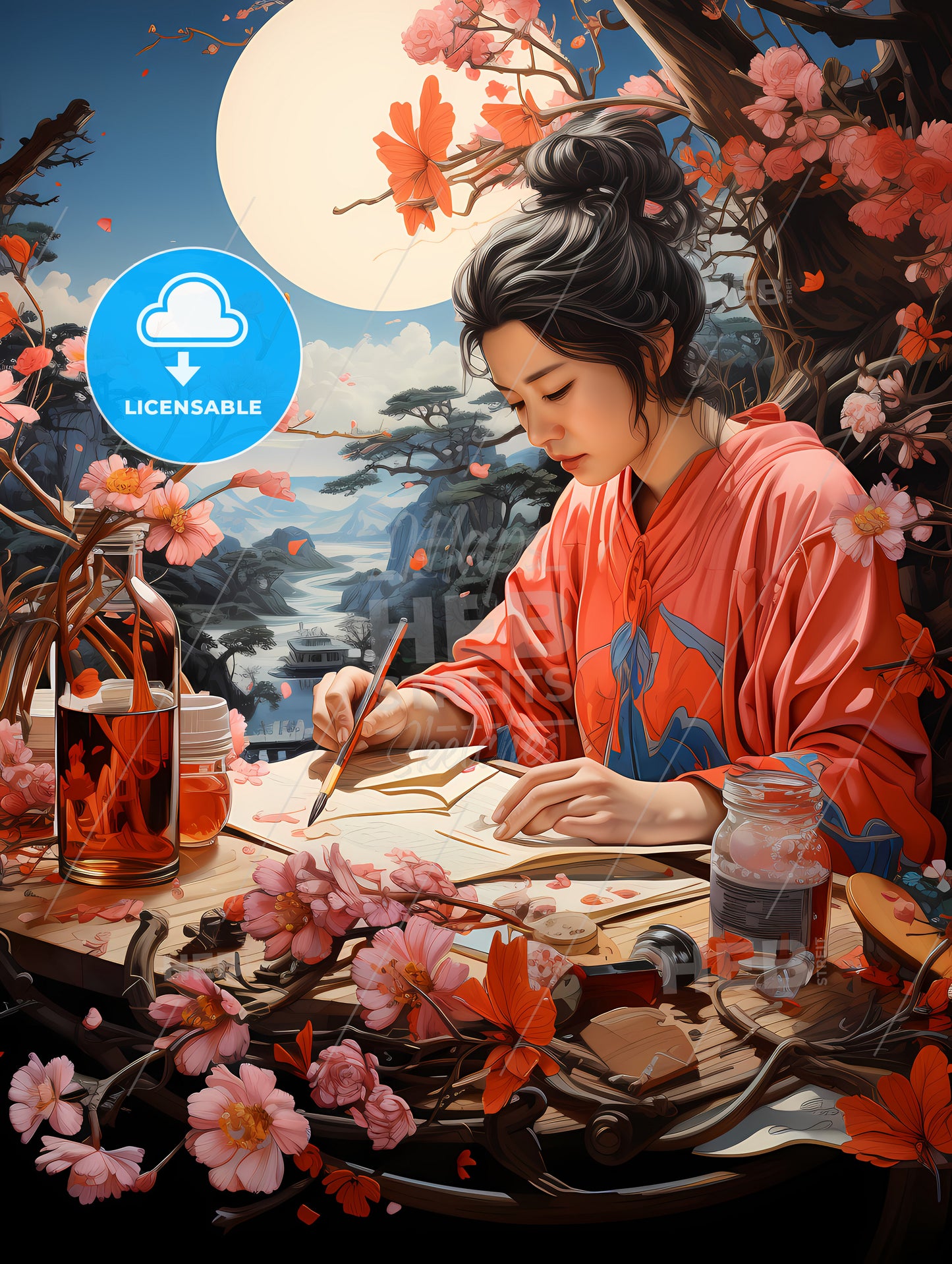 A Woman Writing On A Paper With Flowers Around Her