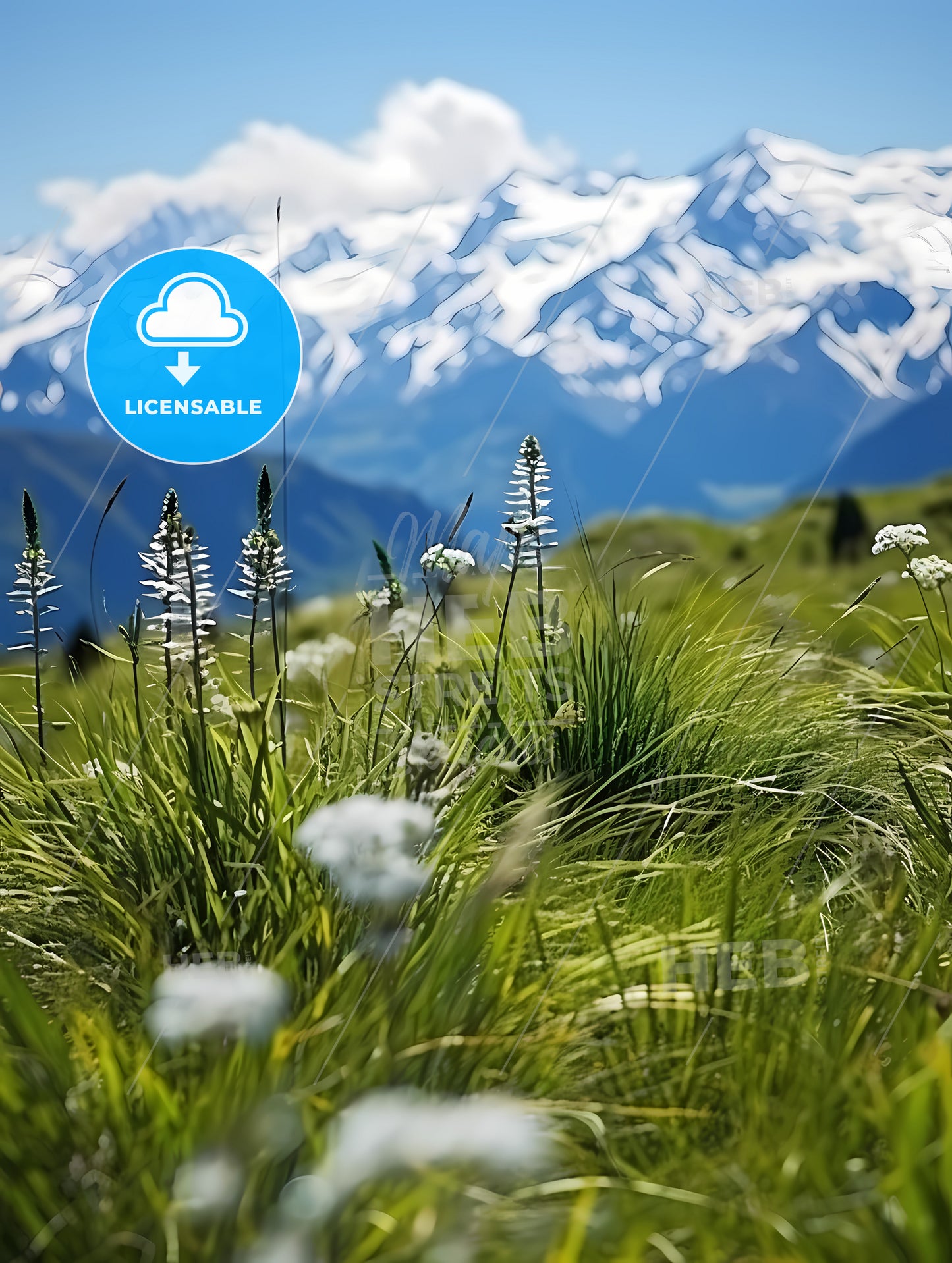 A Field Of Flowers And Grass With Snow Covered Mountains In The Background