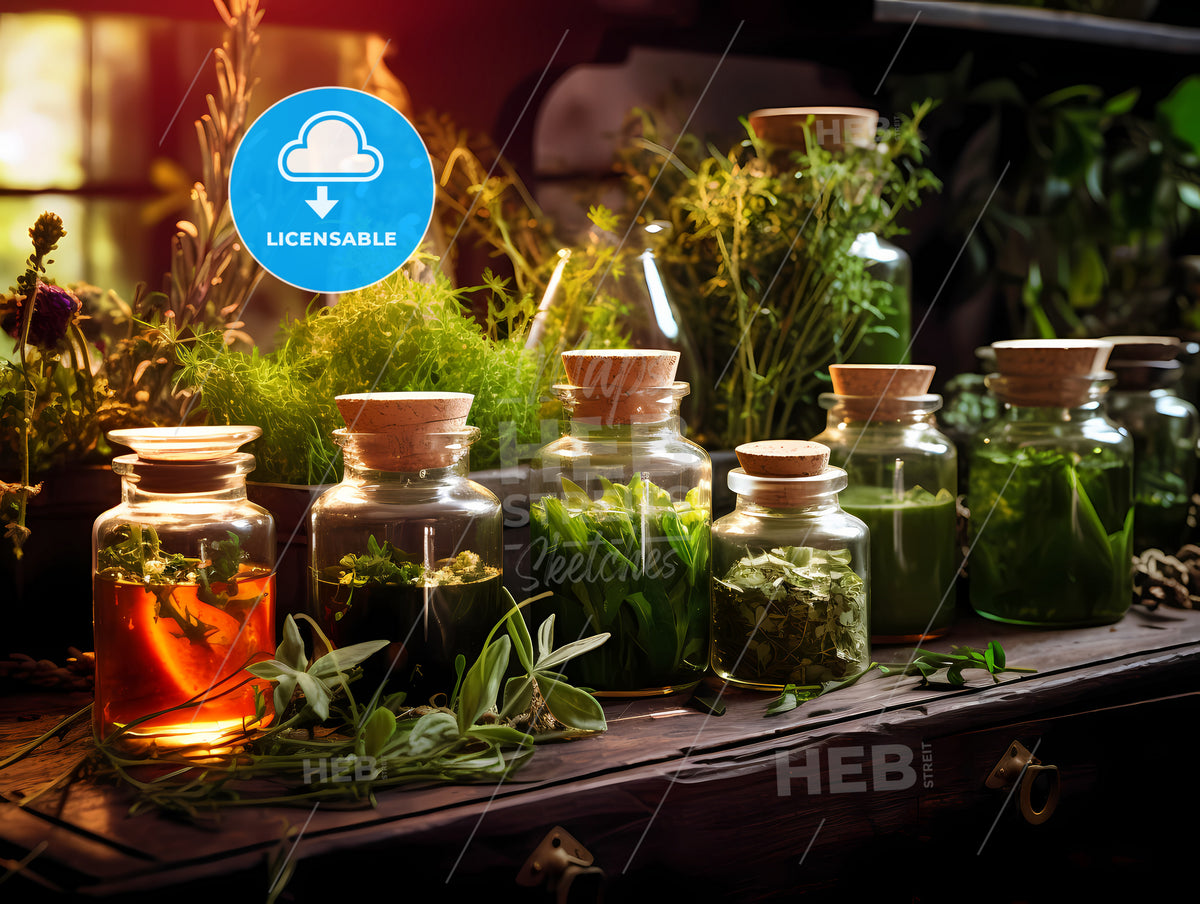 A Group Of Glass Jars With Different Plants