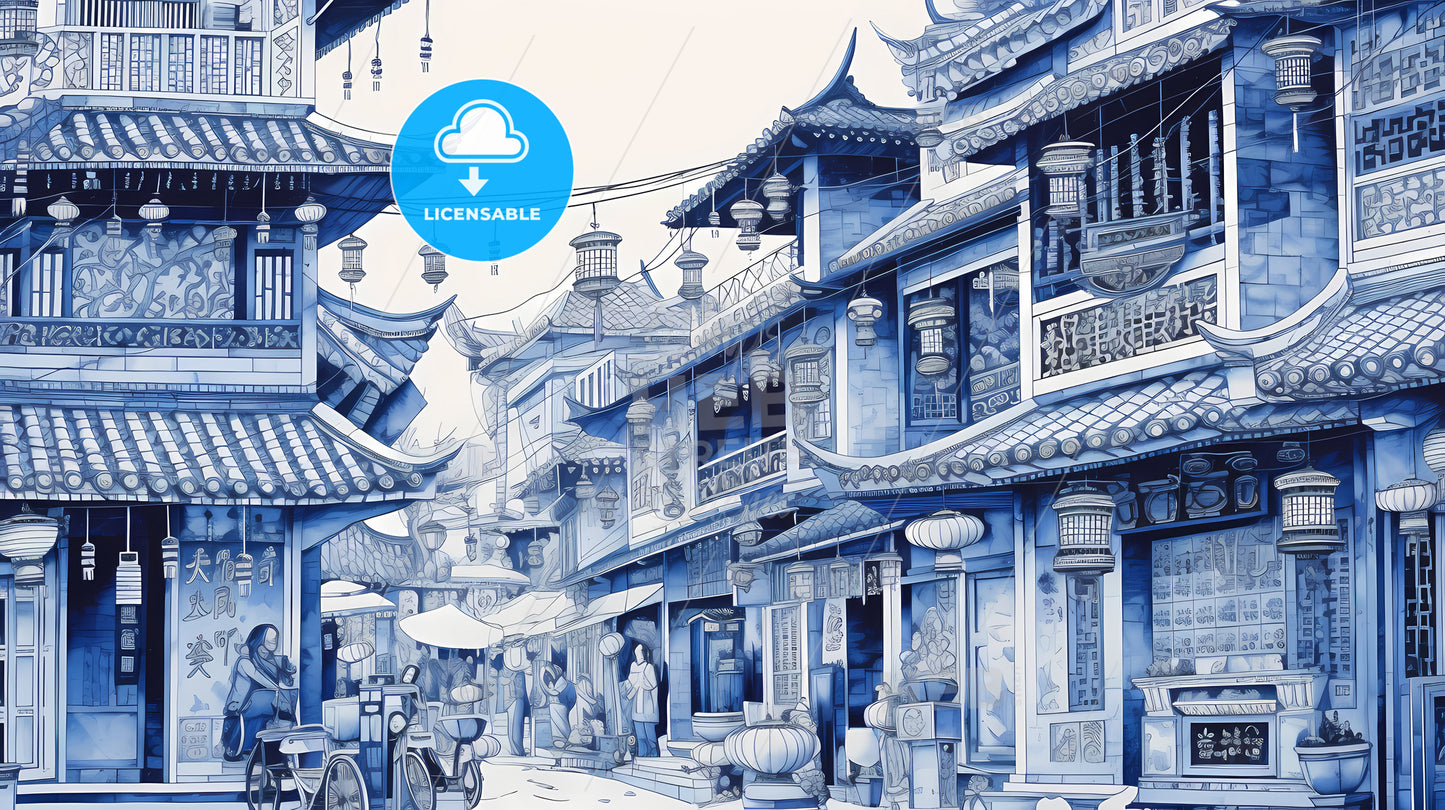 A Street With Buildings And Lanterns