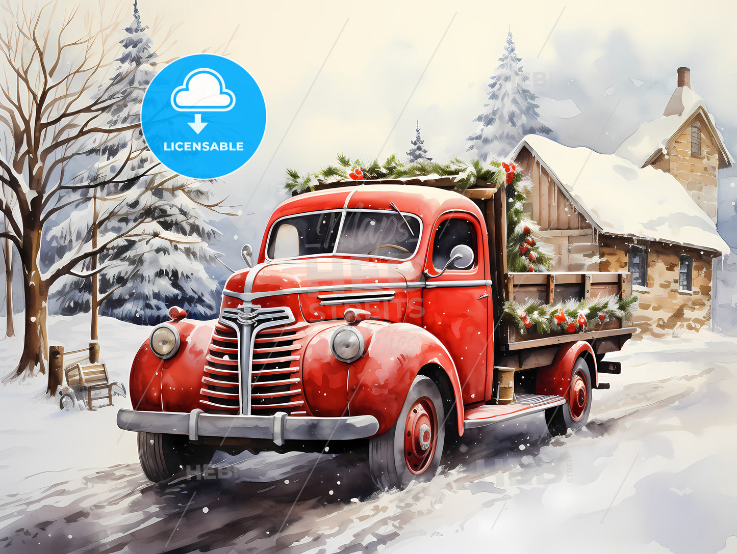 A Red Truck With A Christmas Tree On The Back Driving Down A Snowy Road