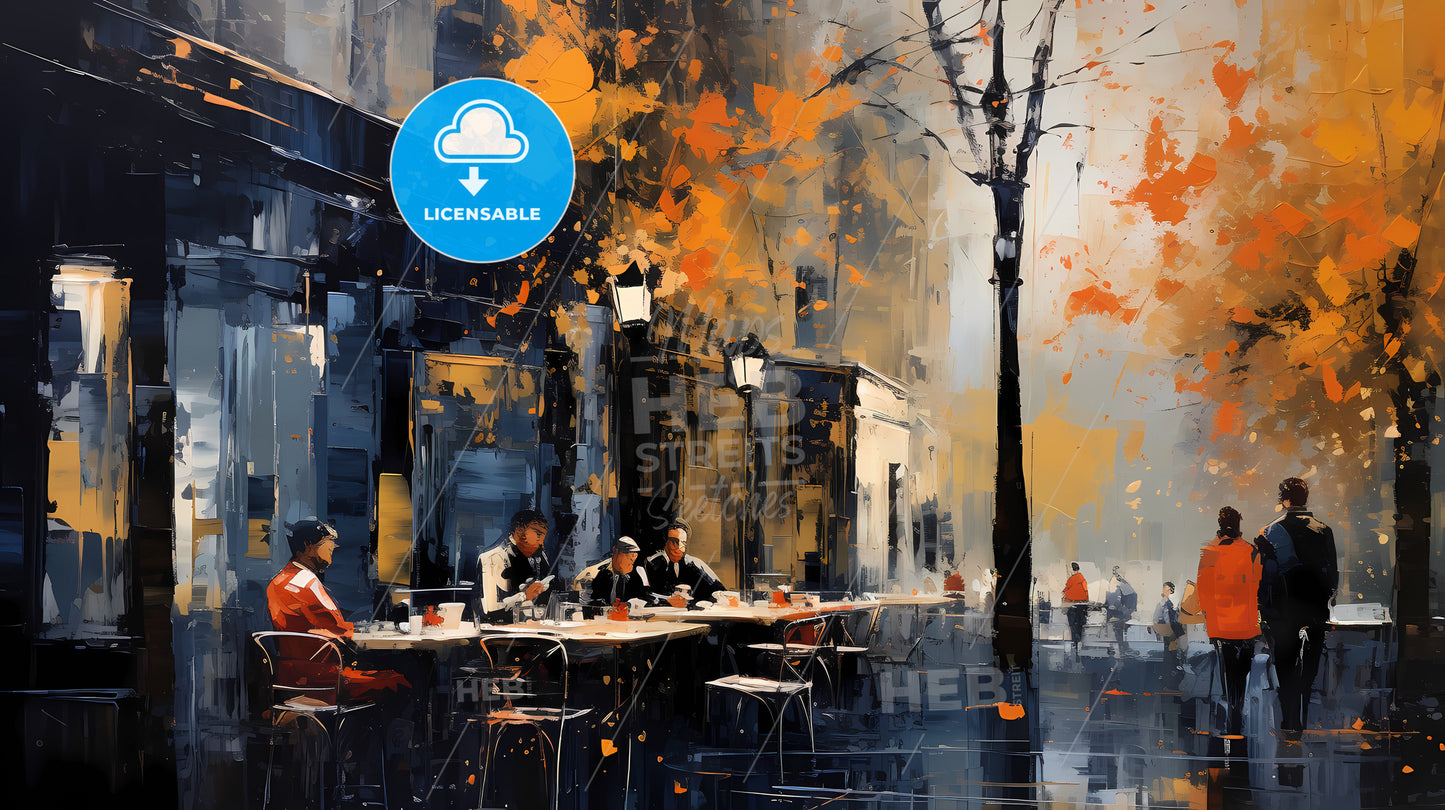 A Painting Of People Sitting At Tables Outside