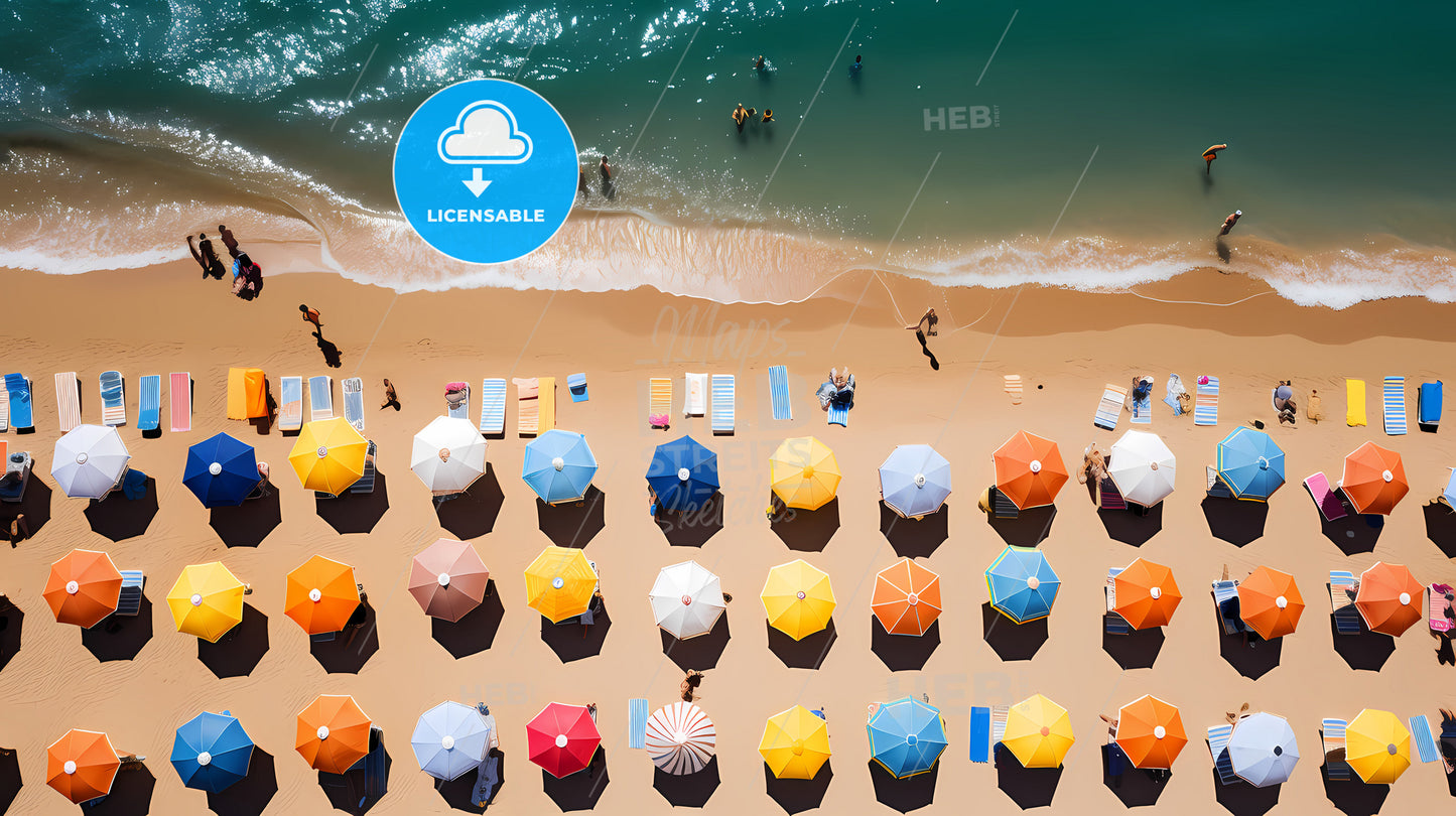 A Beach With Umbrellas And People On The Beach