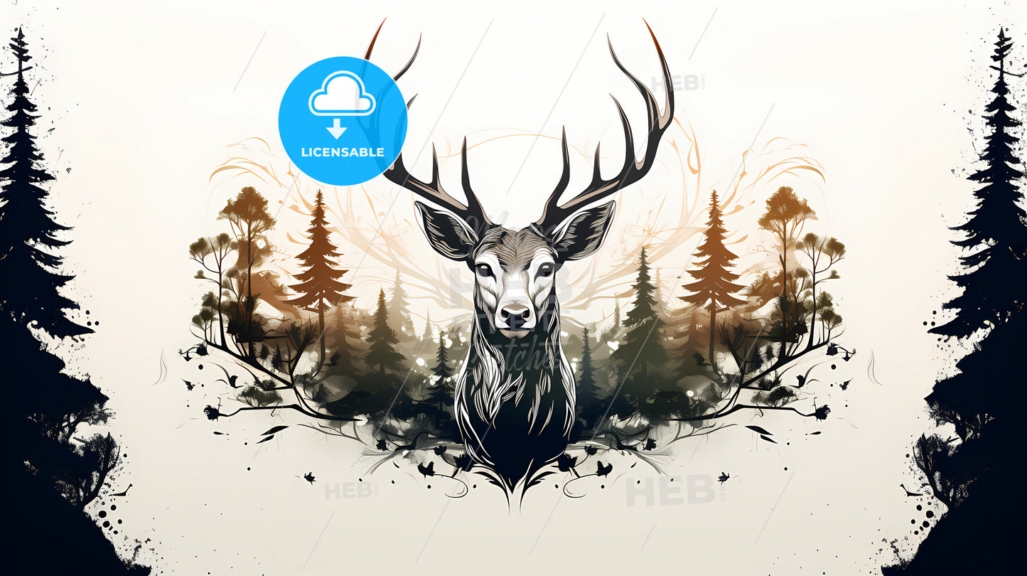 A Drawing Of A Deer With Trees And A Forest