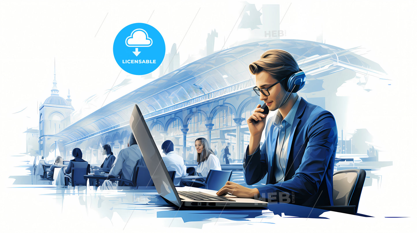 A Man Wearing Headphones And Talking On The Phone While Sitting At A Table With A Laptop