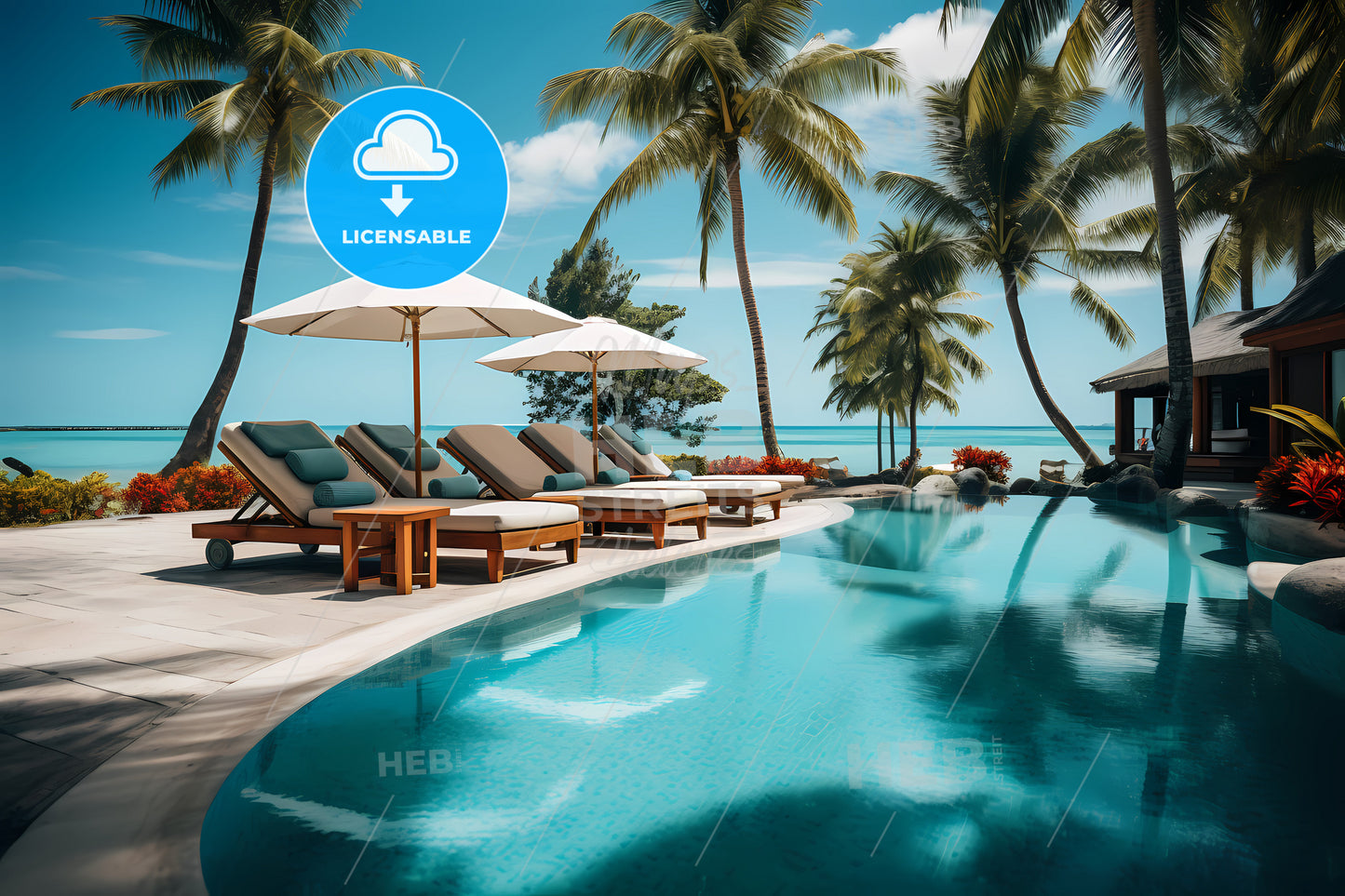 A Pool With Chairs And Umbrellas By The Water