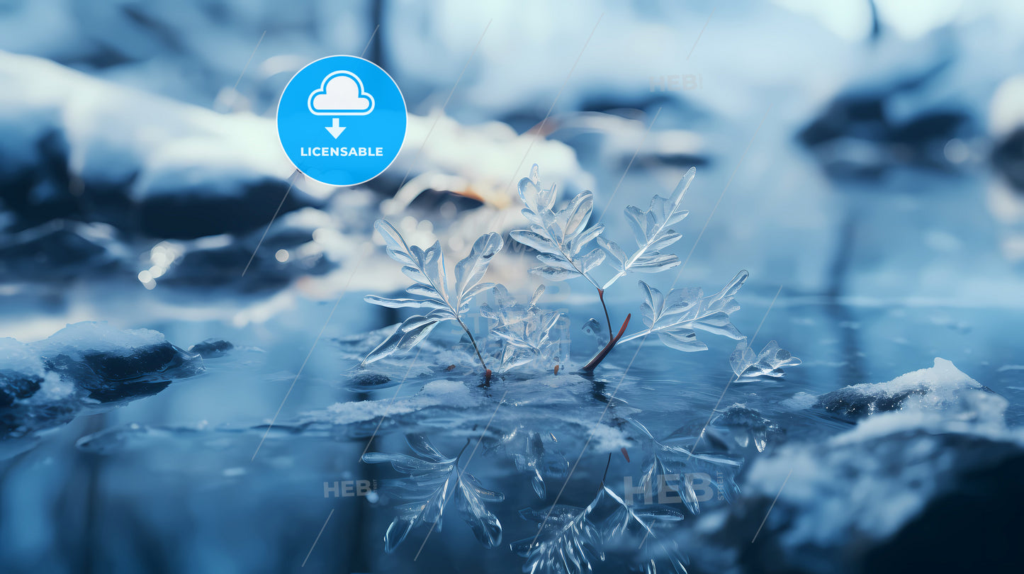 A Plant In Ice With Snow And Ice On The Ground