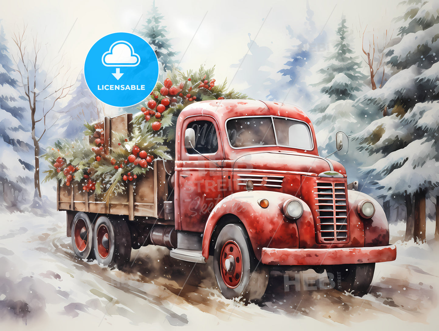 A Red Truck With A Tree On The Back