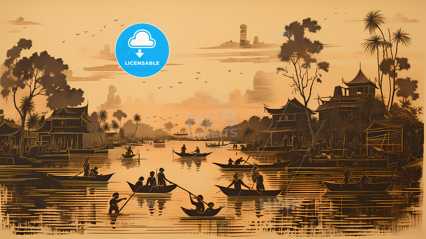 A Painting Of People Rowing Boats On A River