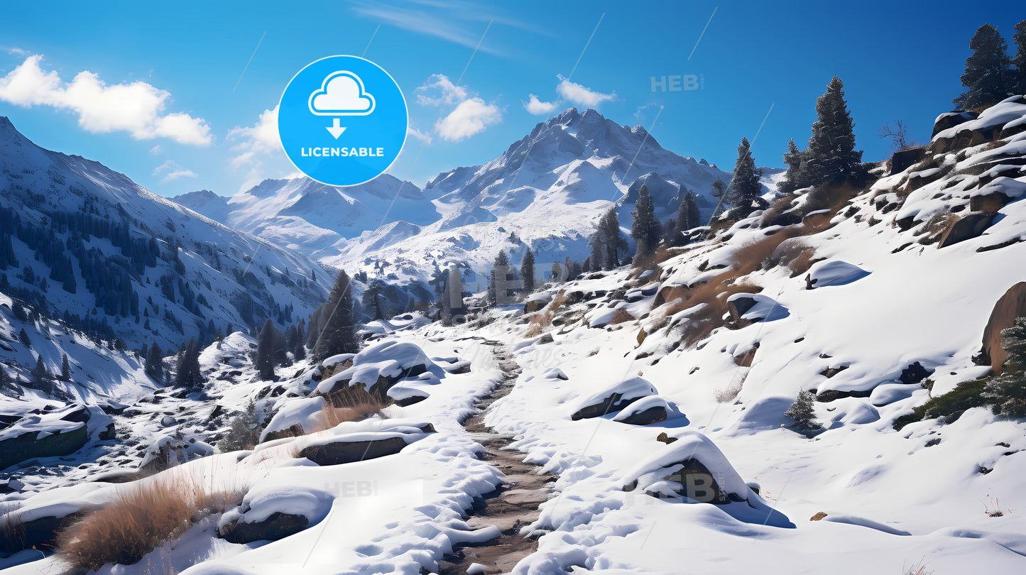 A Snowy Mountain Landscape With Trees And A Blue Sky